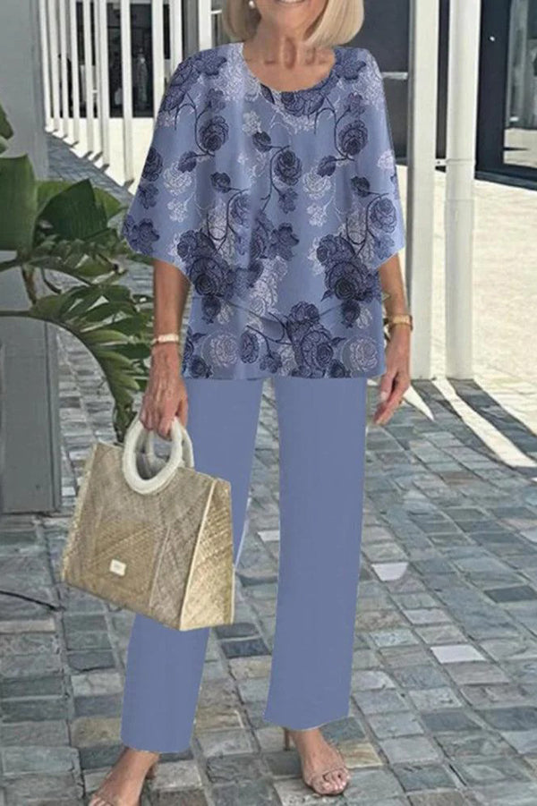 Round Neck Half Sleeve Loose Top and Elastic Waist Straight Pants Set