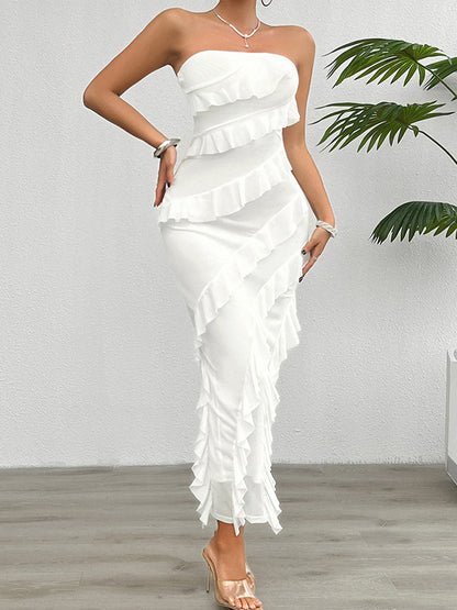 Bodycon High Waisted Ruffle Trim Color Split-back Split-joint Tube Maxi Dresses