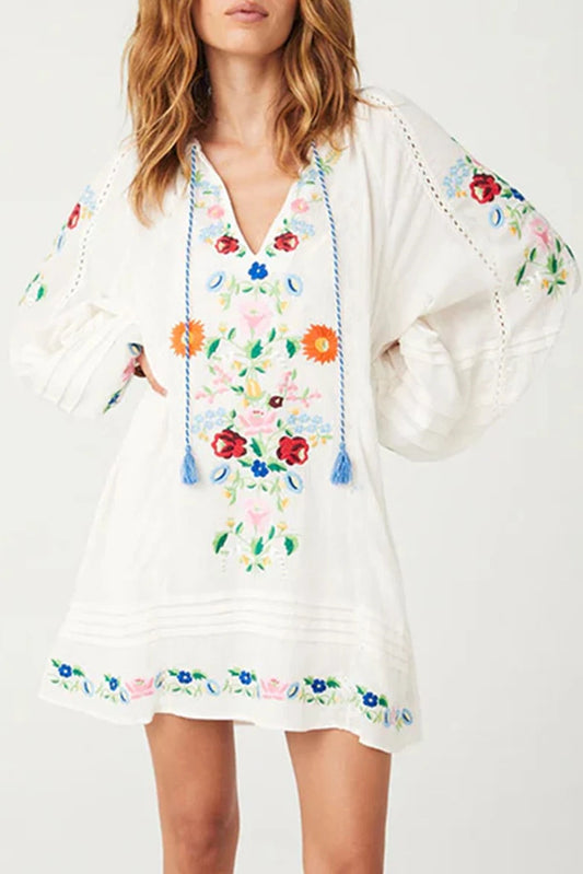 White Tassel Tie V Neck Mini Dress