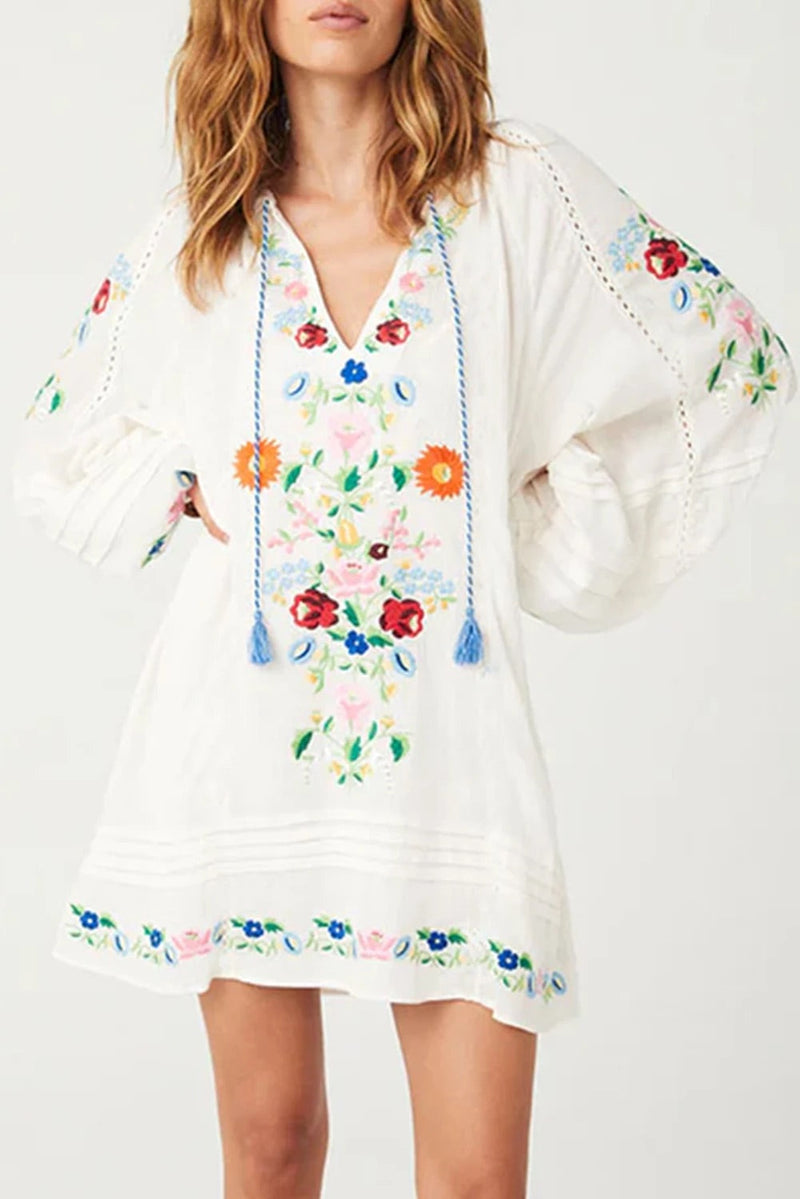 White Tassel Tie V Neck Mini Dress