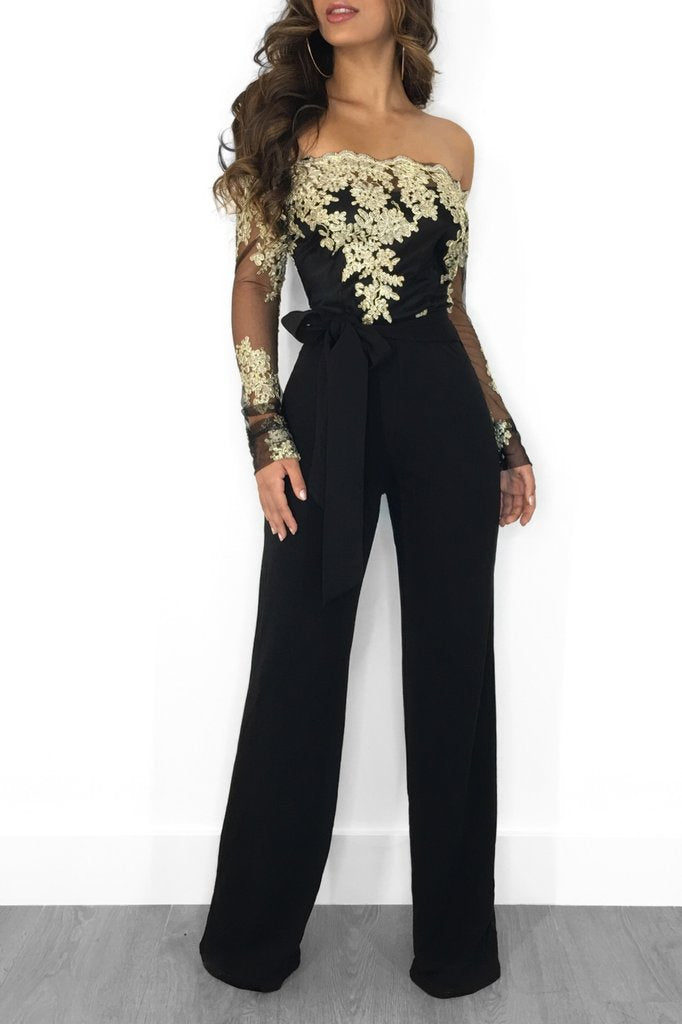 Clothing Water Soluble Lace Off Neck Wide Leg Jumpsuit