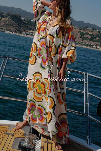 Boat Days Unique Print Balloon Sleeve Pocketed Loose Robe Maxi Dress