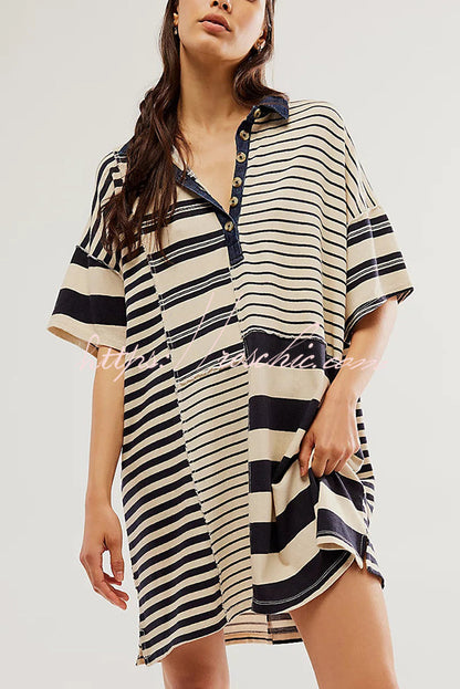 Contrast Striped Patchwork Denim Lapel Loose Mini Dress