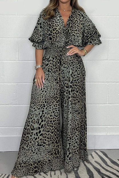 Leopard Print V-neck Short-sleeved Waist Wide-leg Jumpsuit