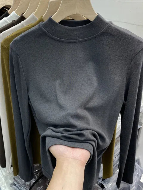 Basic Pure Cotton White T-shirt for Slim Top ’s Half Turtleneck Long Sleeve T-shirts