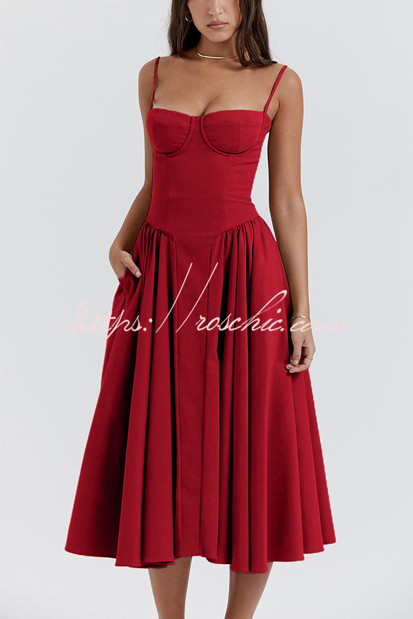 Color Slim Fit Suspender Pocket Midi Dress