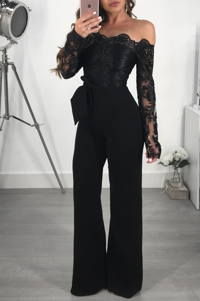 Clothing Water Soluble Lace Off Neck Wide Leg Jumpsuit
