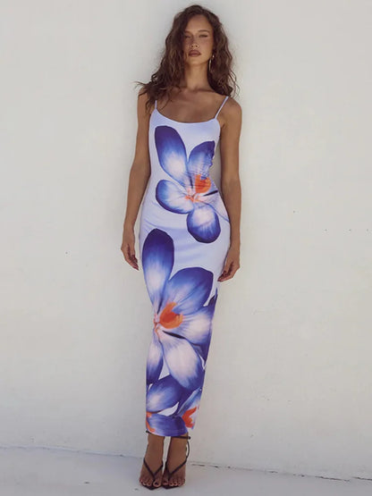 Floreal Print Long Dress for Gown Summer New Spaghetti Strap Sleeveless Backless Bodycon Midi Dress