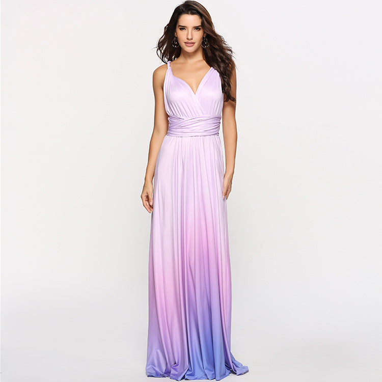 Wear More Wear Criss Cross Backless Lace-up Gradient Color Maxi Dress