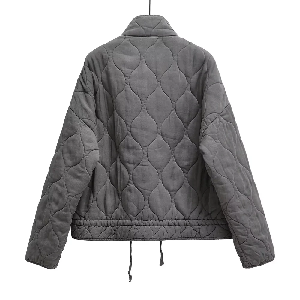 Winter New ’s Clothing Style Commuting Leisure Warm Stand Collar Loose Pocket Diamond Grid Cotton Coat