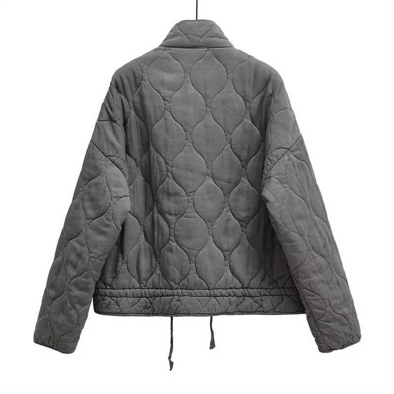 Winter New ’s Clothing Style Commuting Leisure Warm Stand Collar Loose Pocket Diamond Grid Cotton Coat