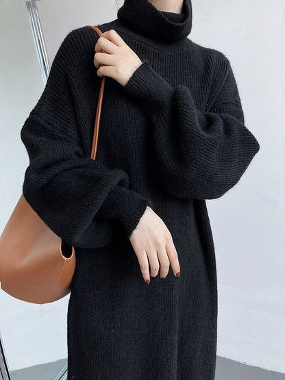 Urban Loose Purple High-neck Long Puff Sleeve Sweater Dress An1052