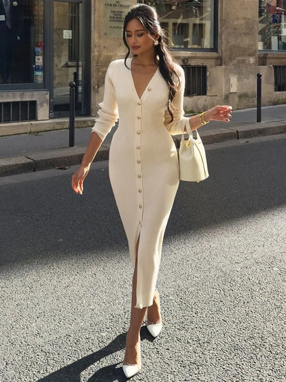 Autumn V-neck Knit Long Dress for Ribbed Patchwork Cardigan Slim Party Dress Female Knitwear Maxi Dress