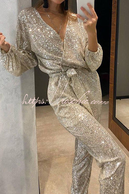 Cheers to You Sequin Long Sleeve Belted Wrap Loose Jumpsuit