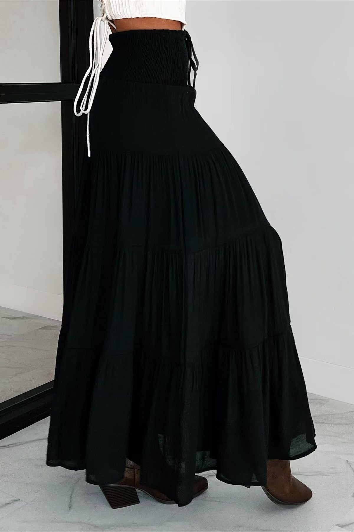 High Waisted Contrast Drawstring a Line Maxi Skirt