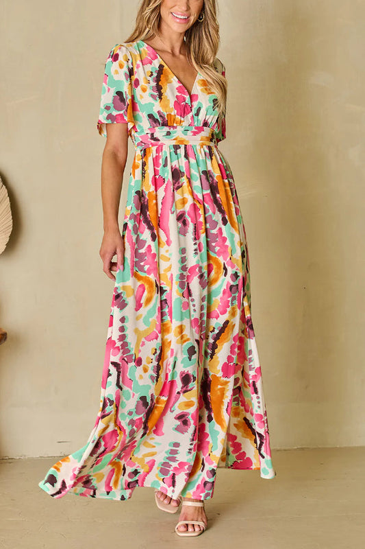 Tie-dye Print V Neck Maxi Dress