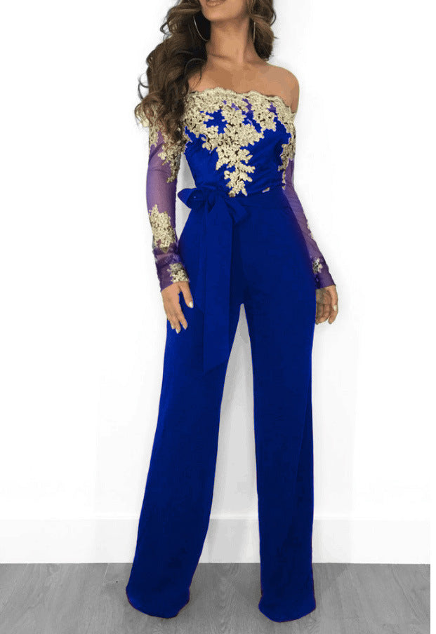 Clothing Water Soluble Lace Off Neck Wide Leg Jumpsuit