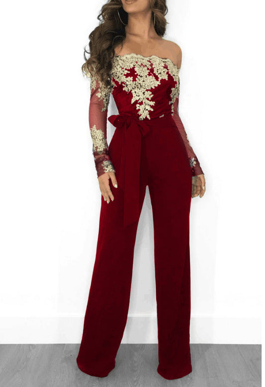 Clothing Water Soluble Lace Off Neck Wide Leg Jumpsuit