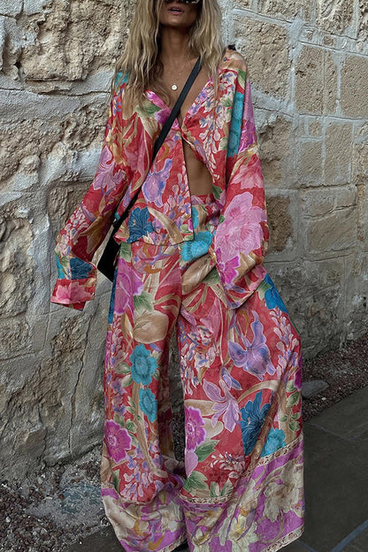 Painter's Garden Print Elastic Waist Pocketed Wide Leg Pants