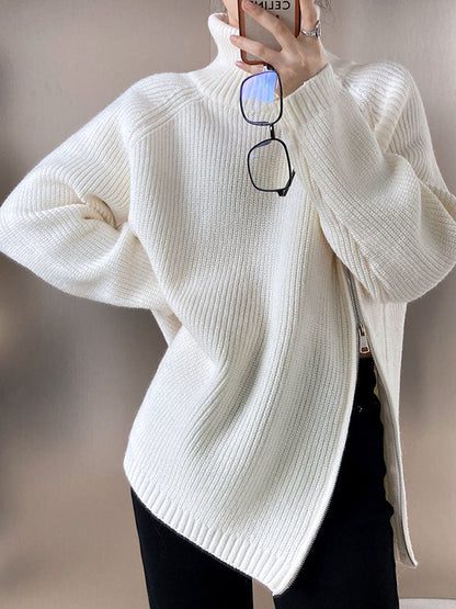 Urban Grey Halter-neck Split-side Zip-up Long Sleeve Sweater An1033