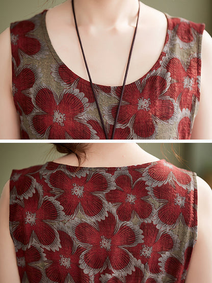 Loose Oversize Drawstring Printed Round-neck Midi Dresses