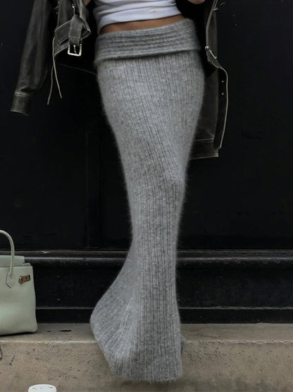 Grey Turned Waist Low Rise Maxi Skirt