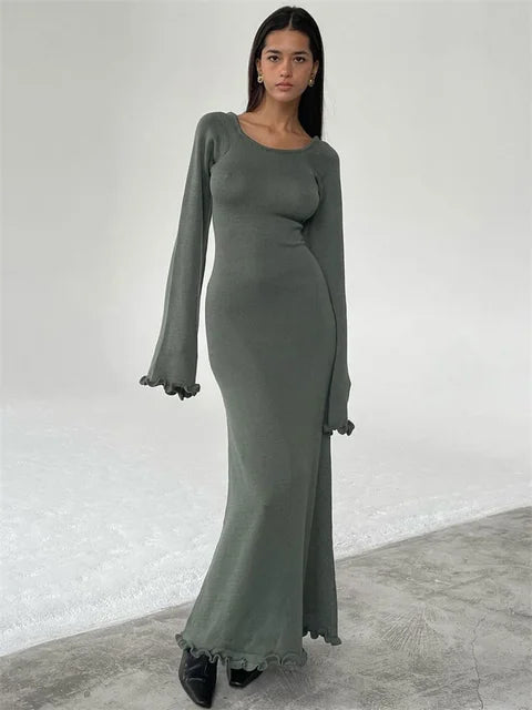 Ruffled Backless Knit Dress Female Lace-up High Waist Long Sleeve Maxi Dress Knitwear Bandage Dress