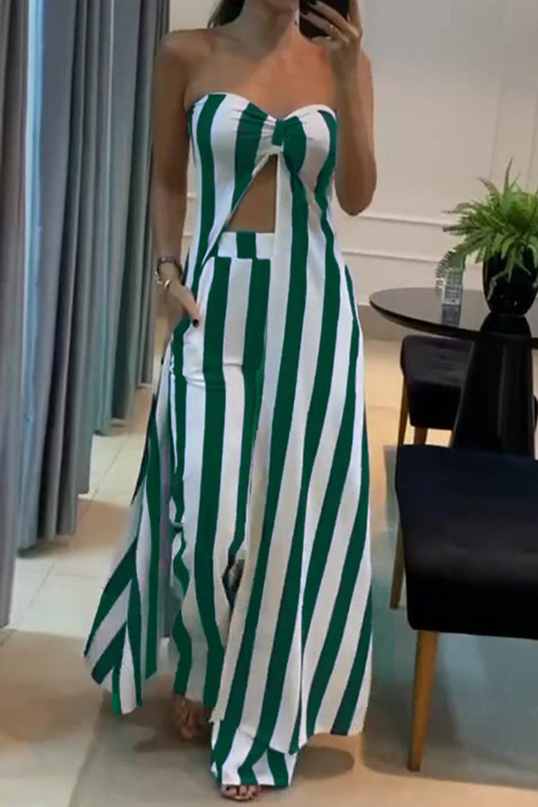 Striped Print Off-shoulder Long Top and Loose Pocket Straight Pants Set