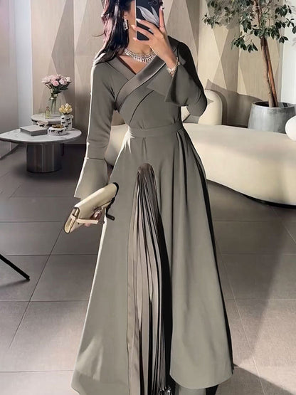 A-line Wrap Pleated Color Split-joint V-neck Maxi Dresses
