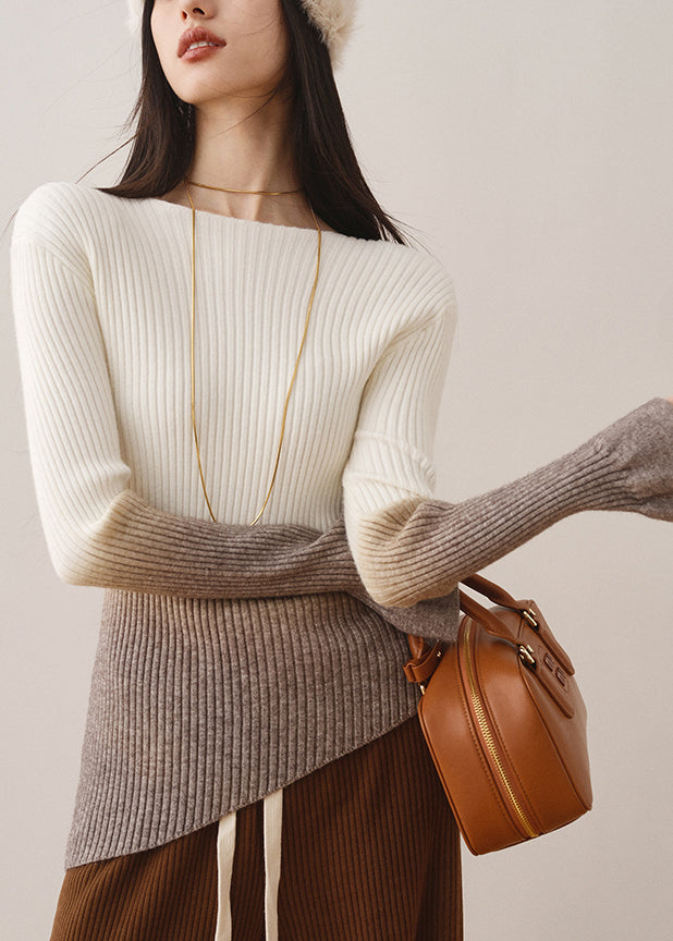 White Gradient Slash Neck Slim Knit Sweaters Fall Ws018