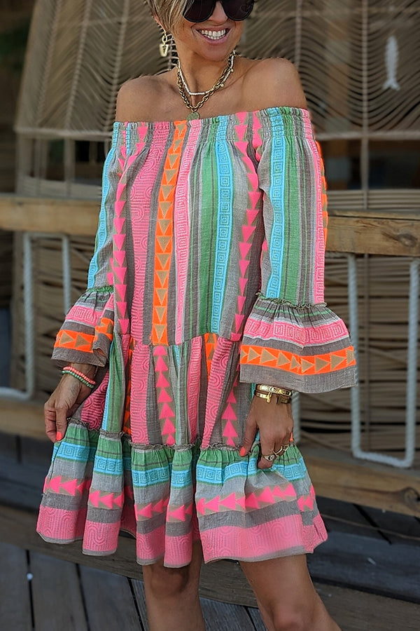 Friendly Shores Linen Blend Print Off Shoulder Loose Mini Dress