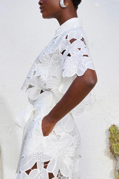 Redefining Elegance Lace Cropped Shirt and Belt Pocketed Wide Leg Pants Set