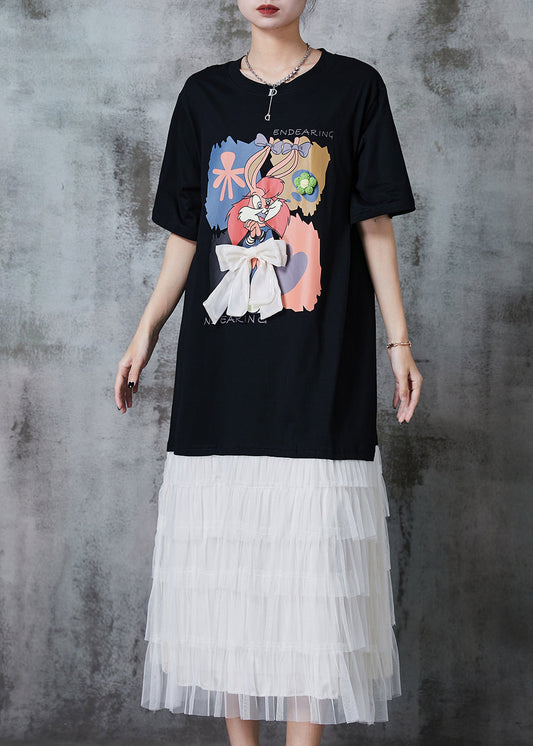 Black Cartoon Bow Patchwork Cotton Maxi Dresses Summer