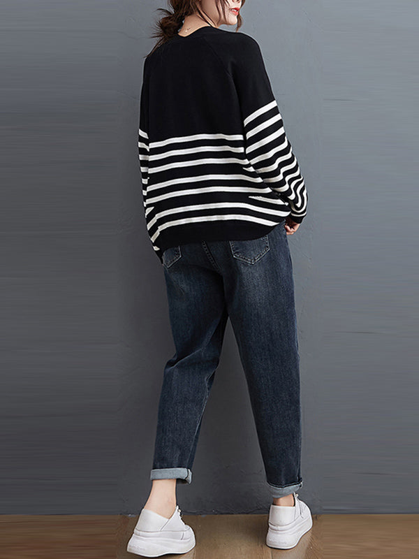 Loose Black V-neck Contrast Color Striped Long Sleeve Knit Sweater An1035