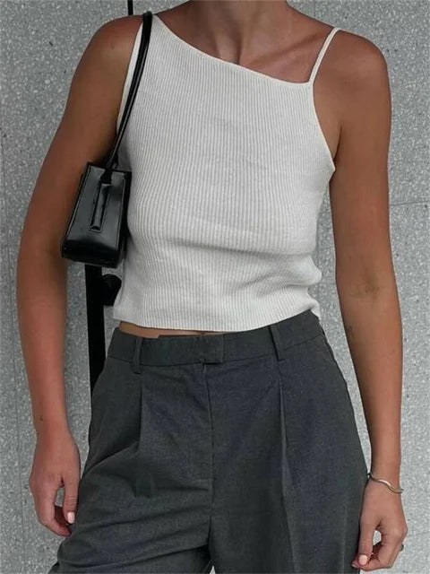 Black Ribbed T-shirt Top for Pullover Spaghetti Patchwork Sleeveless Summer Slim Body Top Female