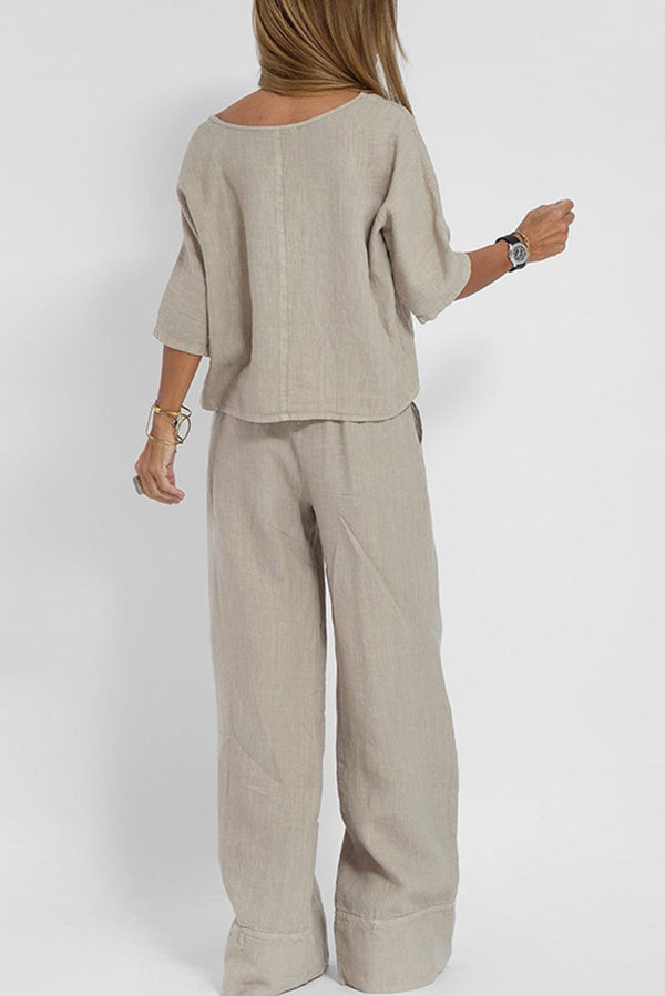 Linen Blend Color Round Neck Top and Loose Wide-leg Pants Set