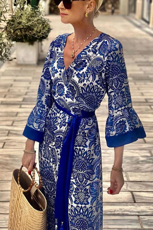 Greek Island Satin Unique Print Tassel Belted Wrap Maxi Dress