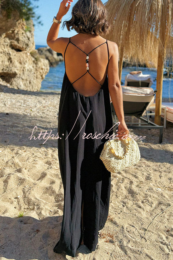 Sunny Beach Straps Unique Beaded Detail Backless Slit Maxi Dress