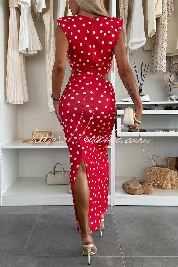 Roxane Polka Dot Print Shoulder Pad Metal Cutout Waist Slit Stretch Maxi Dress