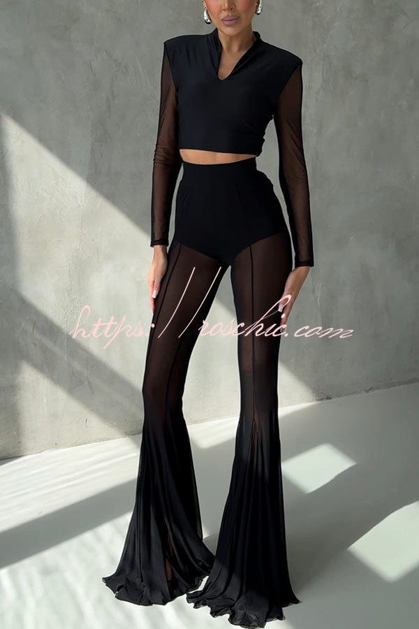 Deep Mesh High Rise Elastic Waist Fishtail Stretch Pants