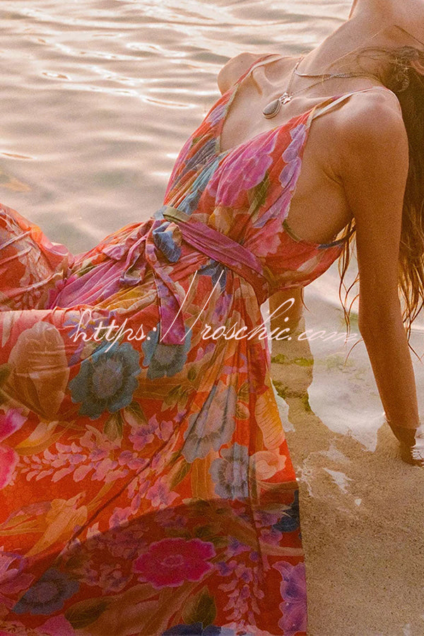 Painter's Garden Print Strappy A-line Maxi Dress