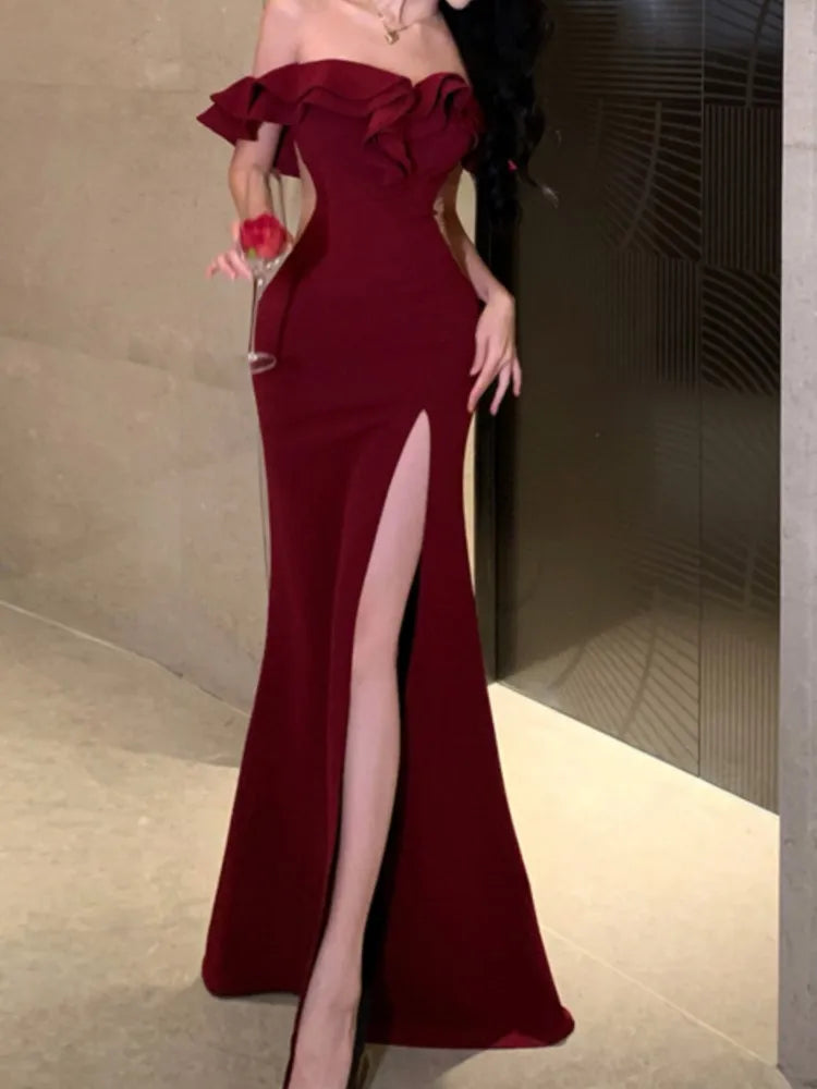Bodycon Long Dresses for Wedding Evening Party Prom Robe Ruffles Slash Neck High Split Hollow Out Summer New Vestido
