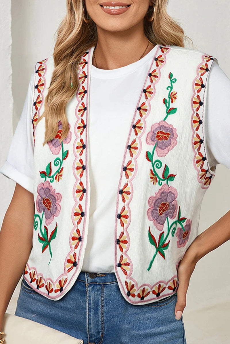 White Embroidered Cardigan Vest