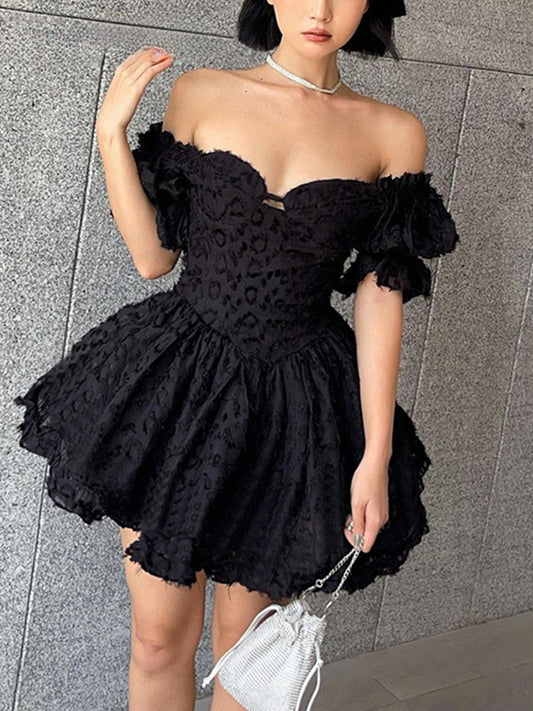 Lolita Summer High Waist Black Ball Gown Goth Aesthetic Puff Sleeve V-neck Corset Mini Dress