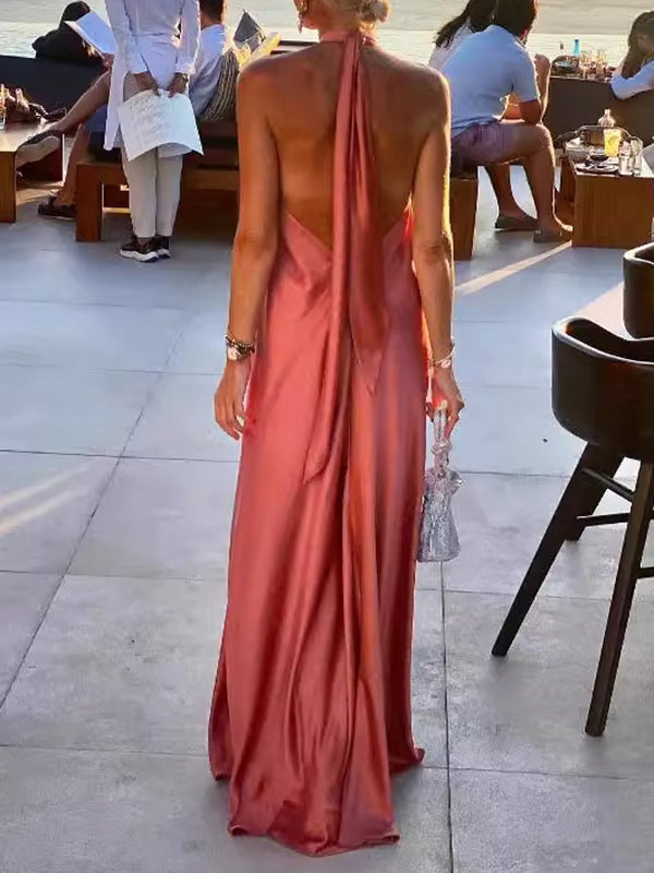 A-line Loose Backless Color Tied Halter-neck Maxi Dresses