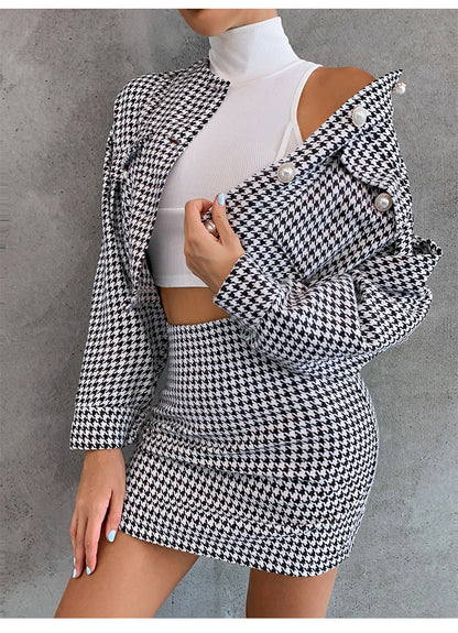 Short Set Long-sleeved Single-breasted Top High Waist Hip-wrapped Skirt Sports Two-piece Set