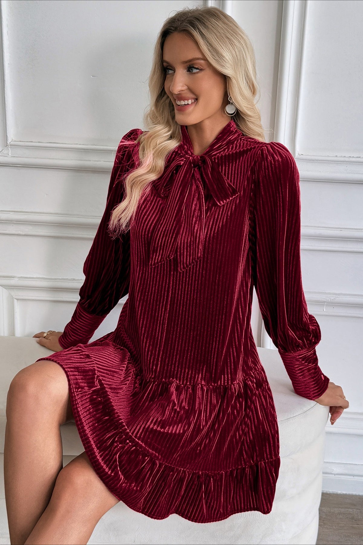 Velvet Bow Collar Flowy Short Mini Dress