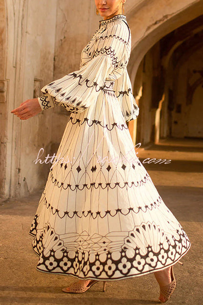 Perfect for Spring Linen Blend Print Button Balloon Sleeve Belted Shirt Midi Dress