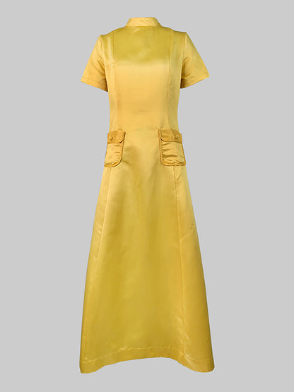 Short Sleeves Pockets Color Split-joint Round-neck Maxi Dresses