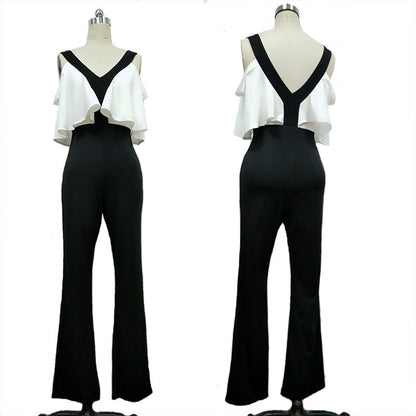 Dress Clothing Contrast Color Ruffle Sleeve Pants Jumpsuit